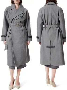 NWT New $399 DO by Dee Ocleppo Tie Belt Cargo Grey Trench Coat Size S